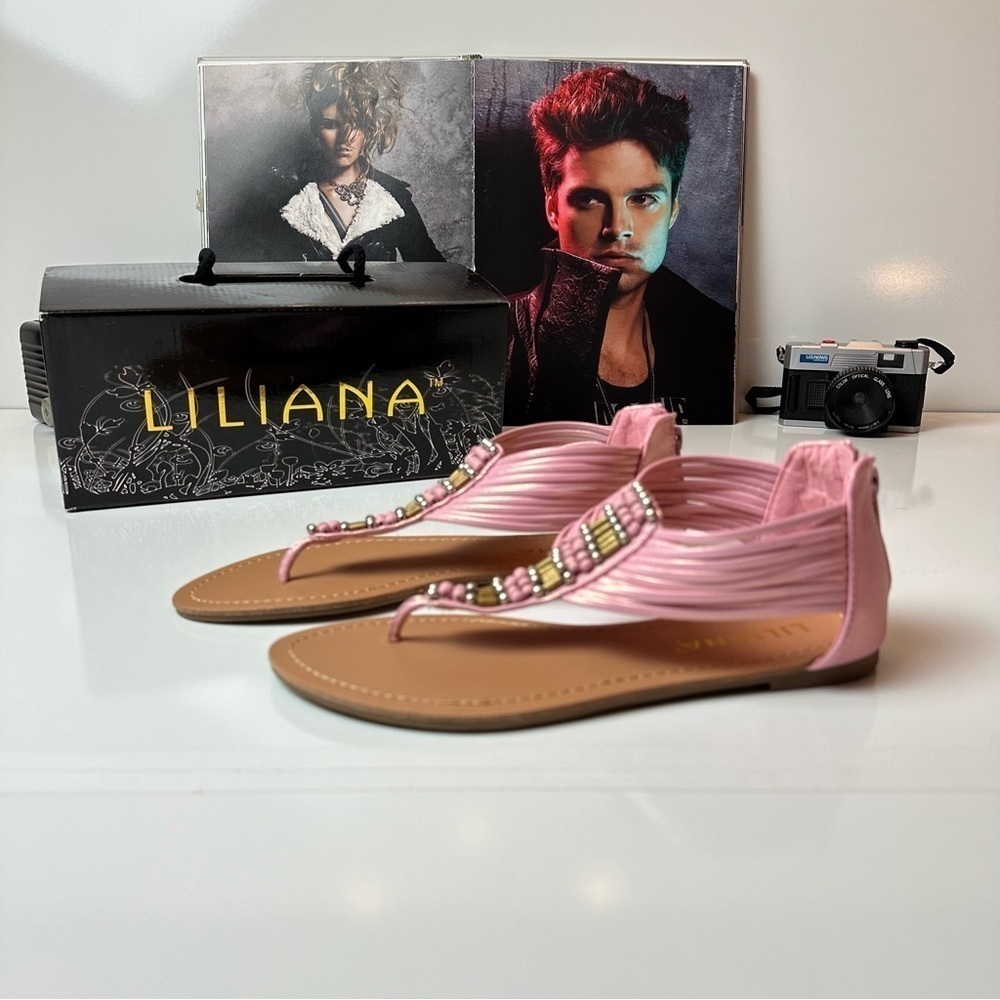 Boho Beaded Sandals | T-Strap Gladiator Flat · Liliana Aurora Pink NWB